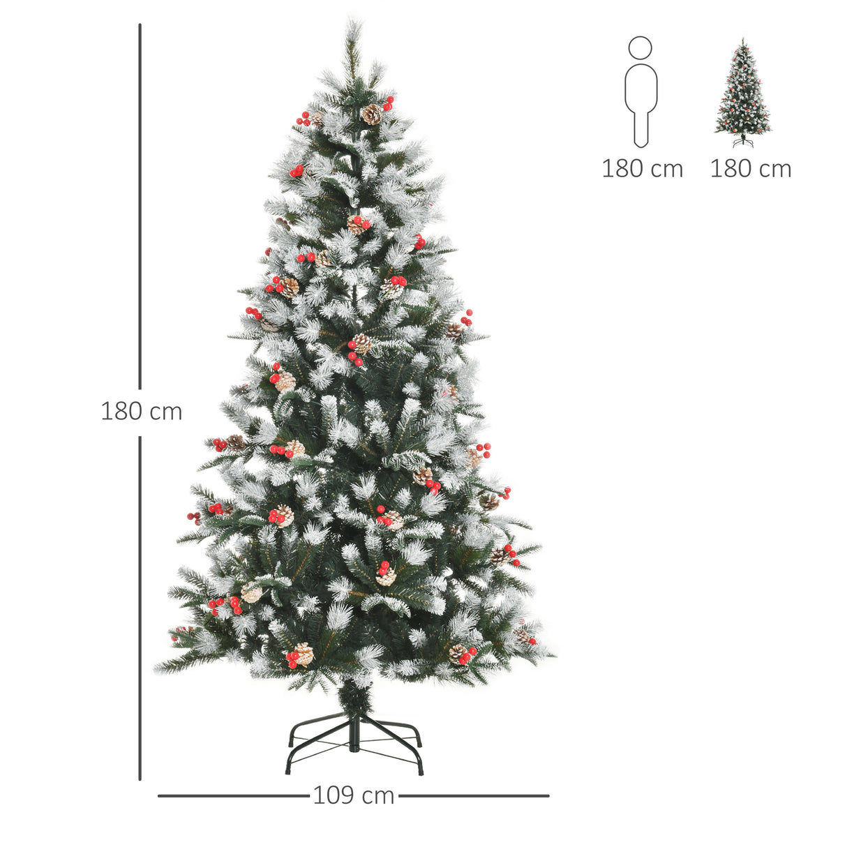 easycomfort easycomfort albero di natale innevato 180cm con bacche rosse e pigne bianche base rimovibile pieghevole 678 rami verde