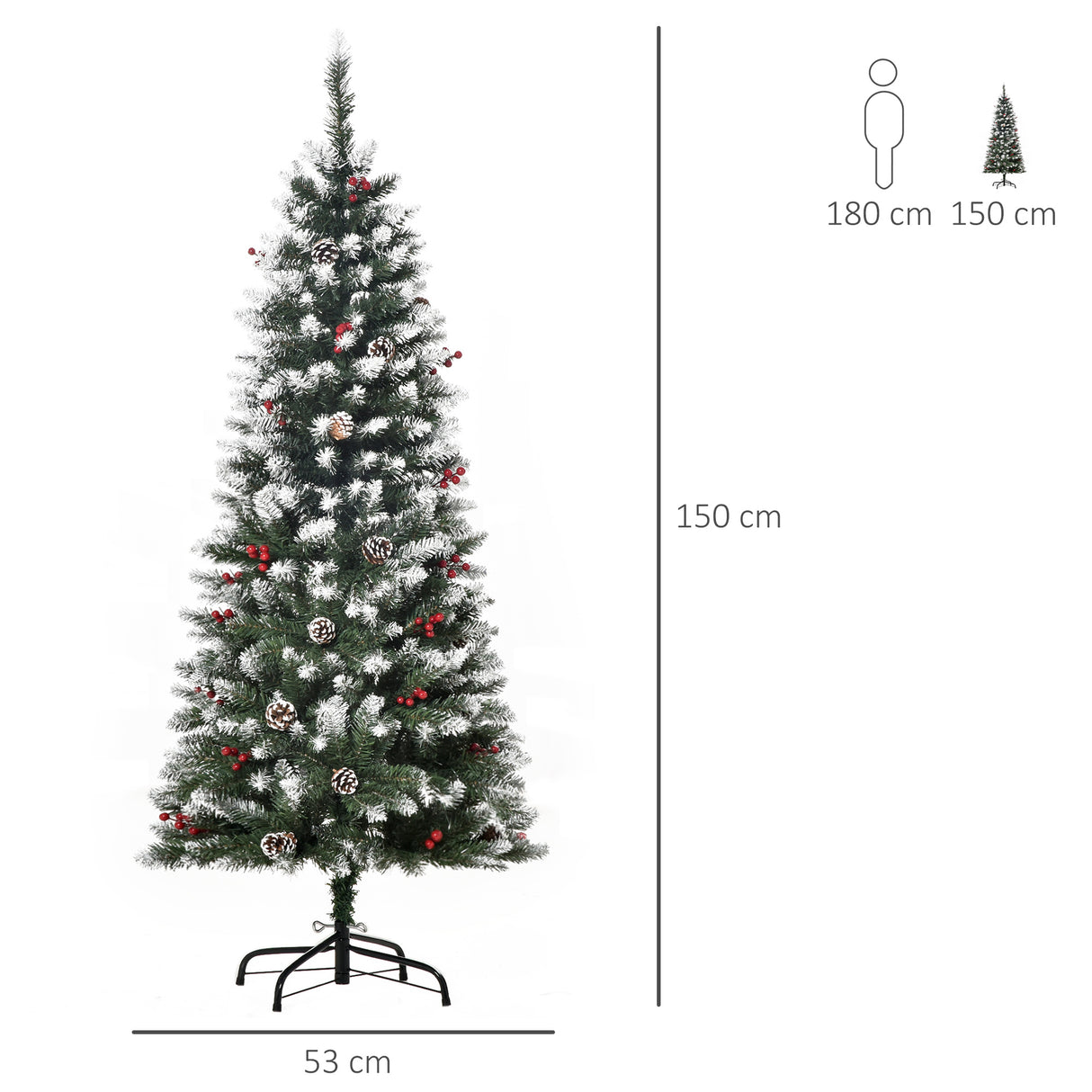easycomfort easycomfort albero di natale innevato artificiale 150cm con bacche rosse e pigne bianche base rimovibile pieghevole 408 rami