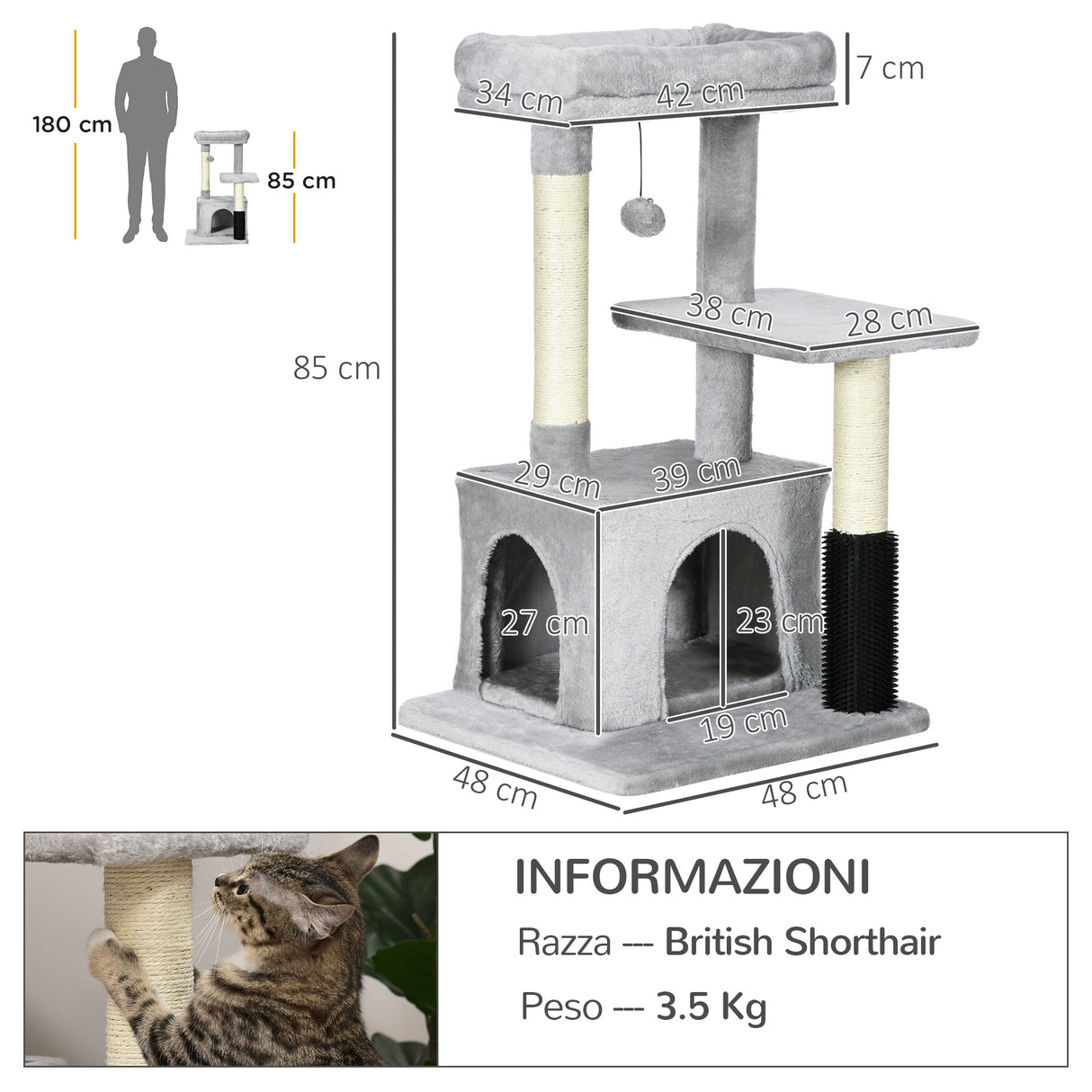 easycomfort easycomfort albero tiragraffi per gatti multilivello con lettino e casetta rivestimento in peluche grigio