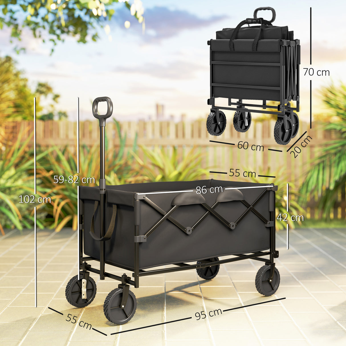 easycomfort easycomfort carrello da giardino 160l pieghevole con manico regolabile capacita 100 kg 95x55x102 cm nero