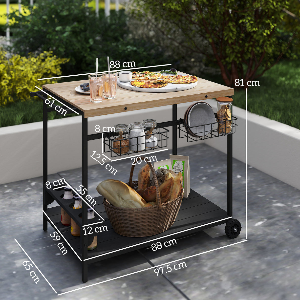 easycomfort easycomfort carrello da giardino a 2 ripiani 2 cesti e 4 spazi portabottiglie in legno di abete 97 5x65x81 cm