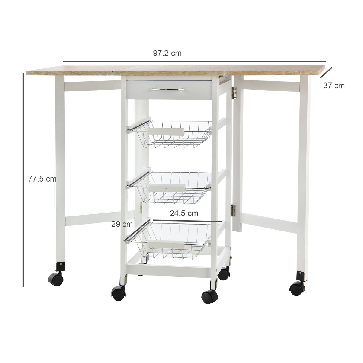 easycomfort easycomfort carrello portavivande pieghevole a 6 ruote con 3 cestini cassetto e 2 ribalte carrellino per cucina in mdf e metallo 37x37x77 5 cm bianco e legno