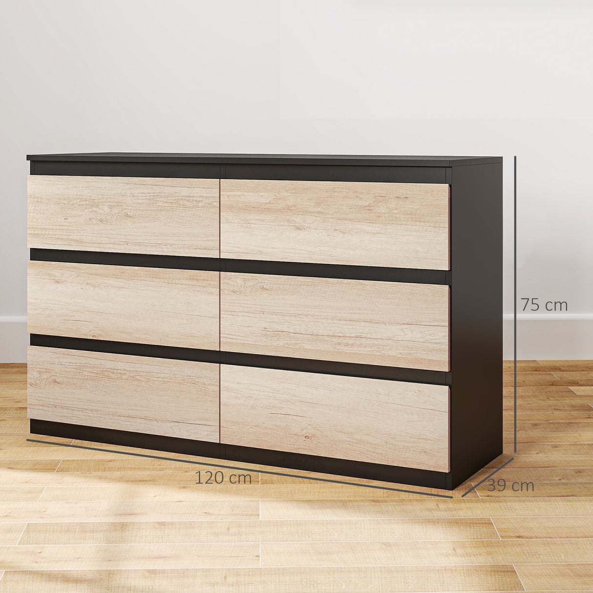 easycomfort easycomfort cassettiera 6 cassetti per camera da letto in legno con guide in metallo 120x39x75 cm nera e color legno