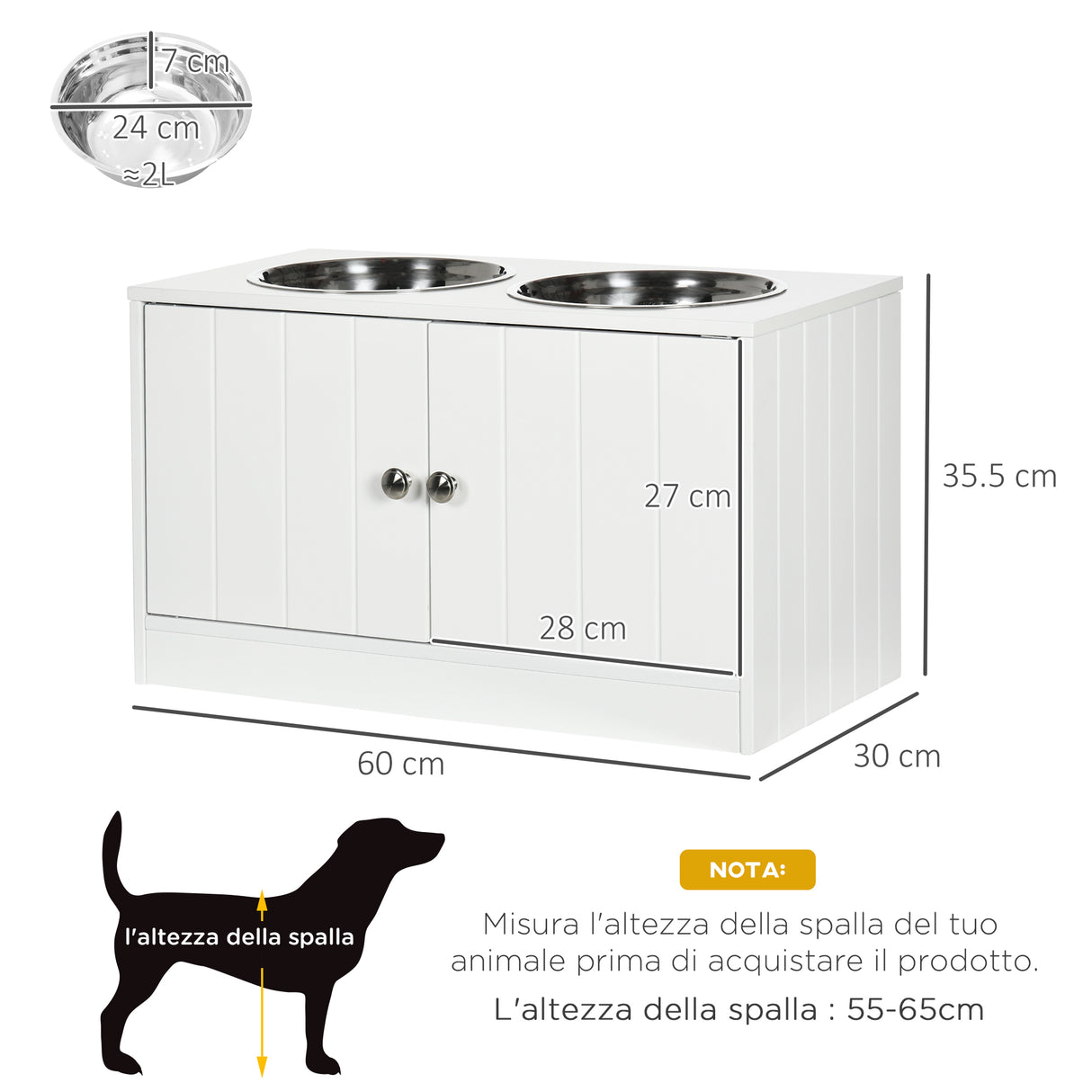 easycomfort easycomfort ciotole per cani rialzate con armadietto da 44l e 2 ciotole in acciaio 60x30x35 5cm bianco