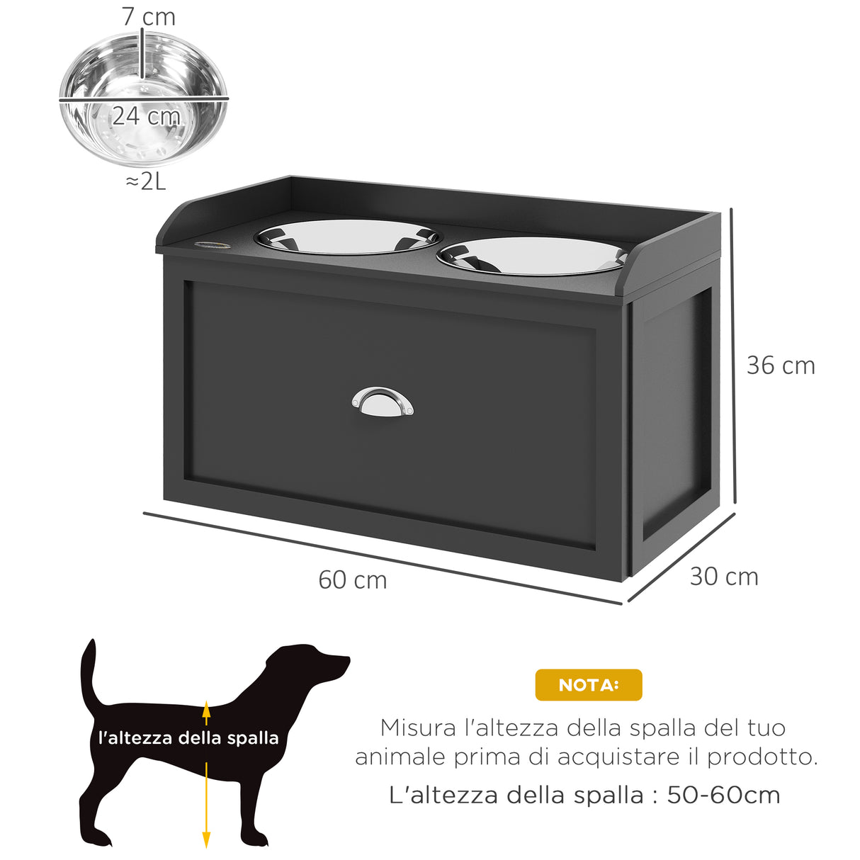 easycomfort easycomfort ciotole per cani rialzate in acciaio inox e legno con cassetto 60x30x36cm nero