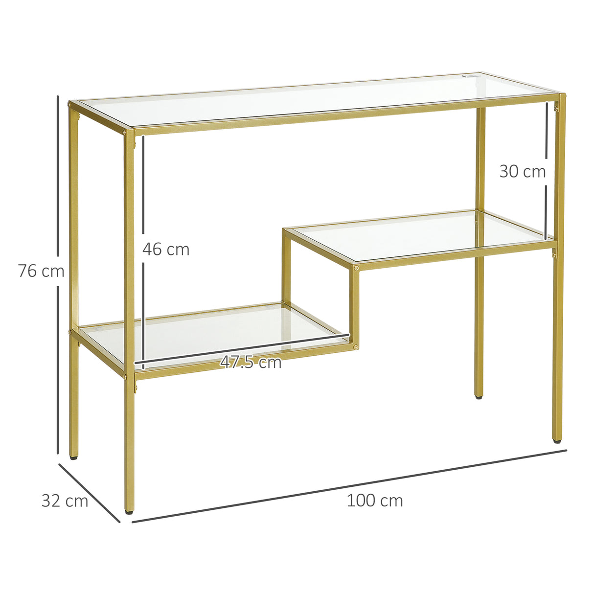 easycomfort easycomfort consolle da ingresso a 3 ripiani in acciaio e vetro temperato 100x32x76 cm oro