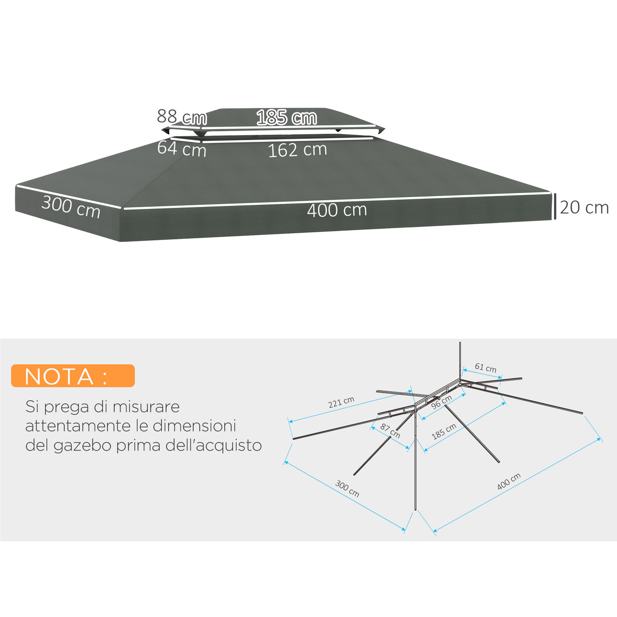 easycomfort easycomfort copertura per gazebo 4x3 m a 2 livelli in poliestere con cinghie e 10 fori di drenaggio grigio scuro
