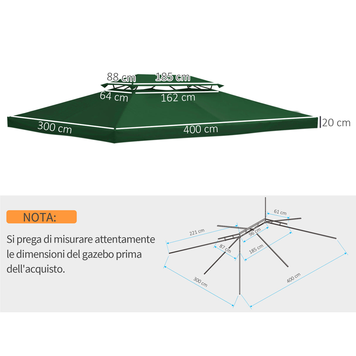easycomfort easycomfort copertura per gazebo 4x3 m a 2 livelli in poliestere con cinghie e 10 fori di drenaggio verde