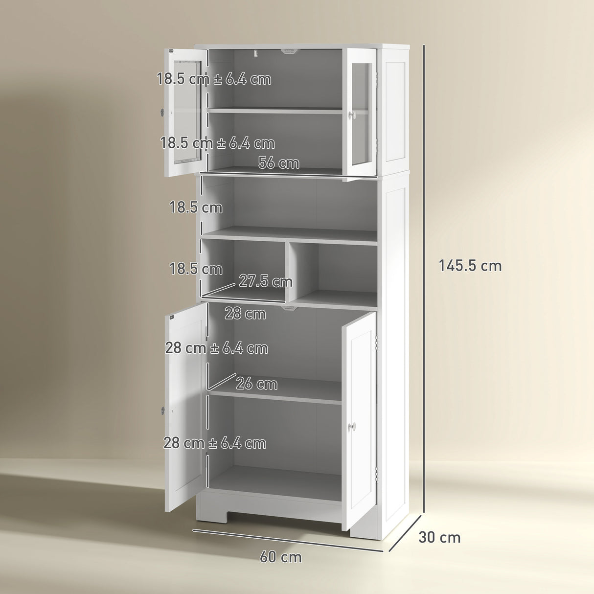 easycomfort easycomfort credenza cucina con 2 armadietti e 3 vani aperti ante a vetro e ripiani regolabili 60x30x145 5 cm bianco
