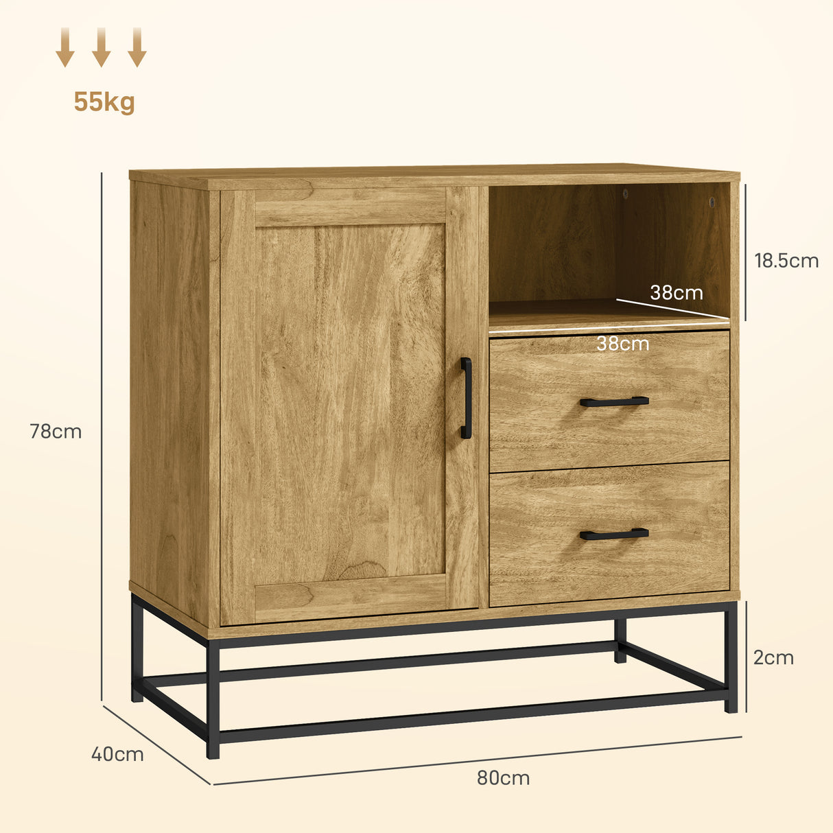 easycomfort easycomfort credenza moderna con 2 cassetti armadietto regolabile e ripiano aperto in legno e acciaio 80x40x78 cm marrone