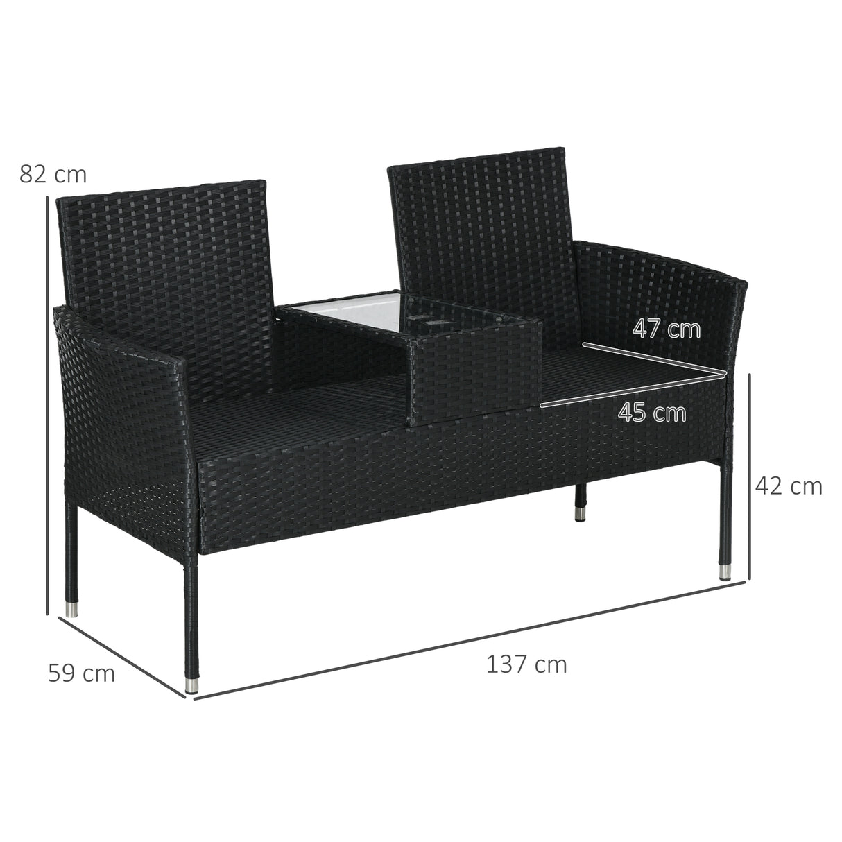 easycomfort easycomfort divanetto per esterni 2 posti con tavolino da caffe in acciaio e rattan pe 137x59x82 cm nero