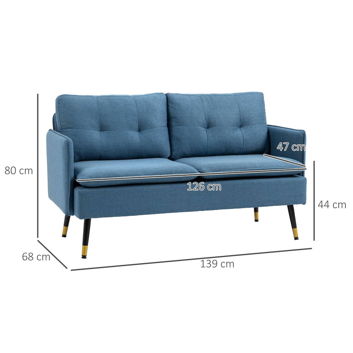 easycomfort easycomfort divano 2 posti in tessuto con cuscini imbottiti e gambe in acciaio 139x68x80cm blu scuro