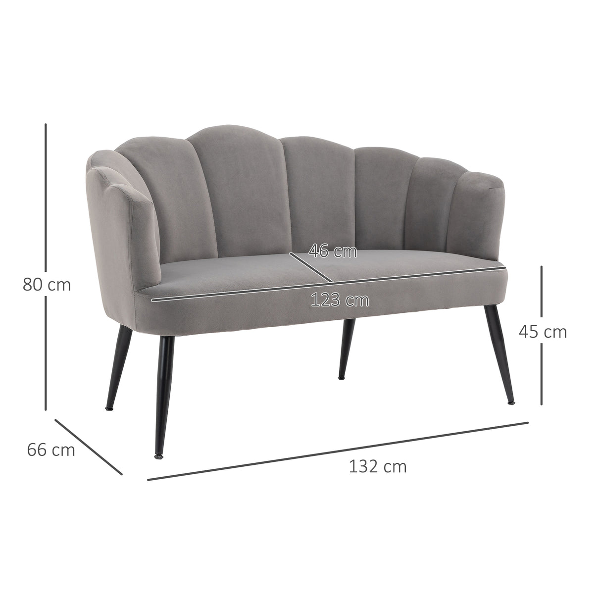 easycomfort easycomfort divano 2 posti in velluto con gambe in metallo e schienale a conchiglia 132x66x80cm grigio
