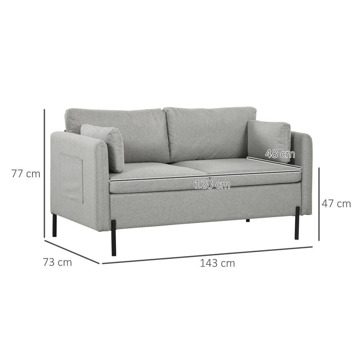 easycomfort easycomfort divano 2 posti per soggiorno in tessuto effetto lino e acciaio con tasche laterali 143x73x77cm grigio
