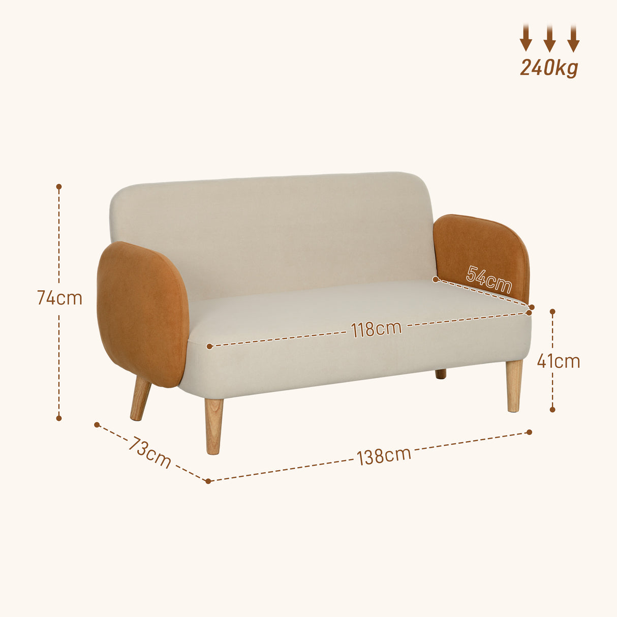 easycomfort easycomfort divano 2 posti stile nordico in tessuto effetto velluto e legno 138x73x74 cm crema e arancione