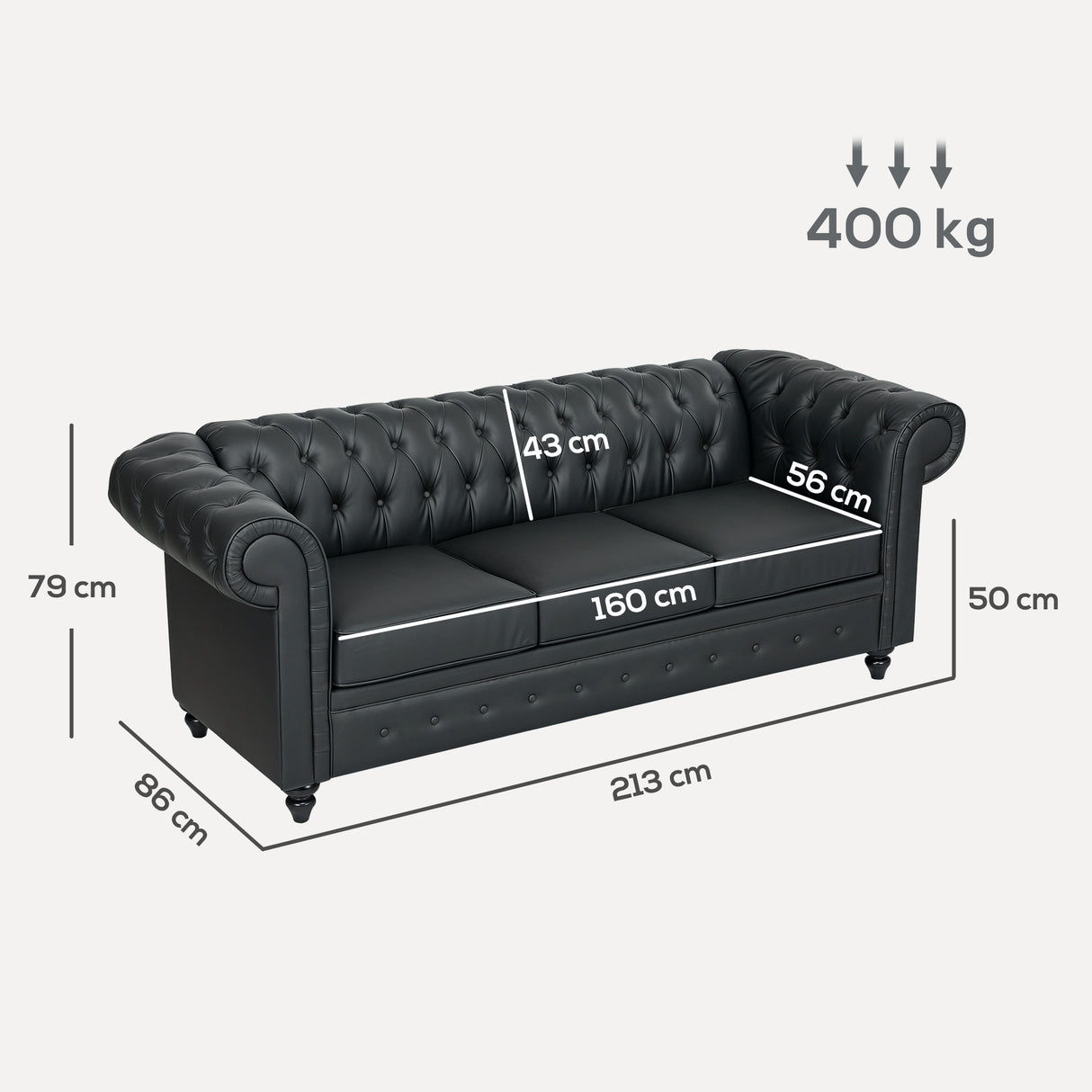 easycomfort easycomfort divano 3 posti stile chesterfield trapuntato con molle insacchettate finta pelle 213x86x79 cm nero