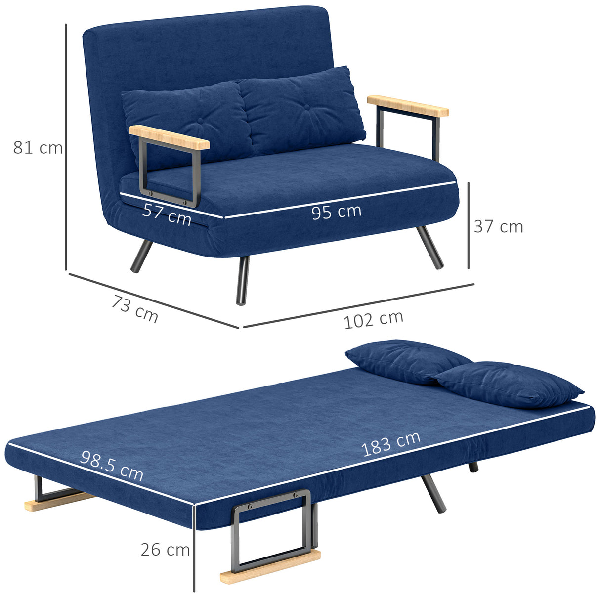 easycomfort easycomfort divano letto 3 in 1 in tessuto effetto velluto con schienale regolabile e 2 cuscini 102x73x81 cm blu