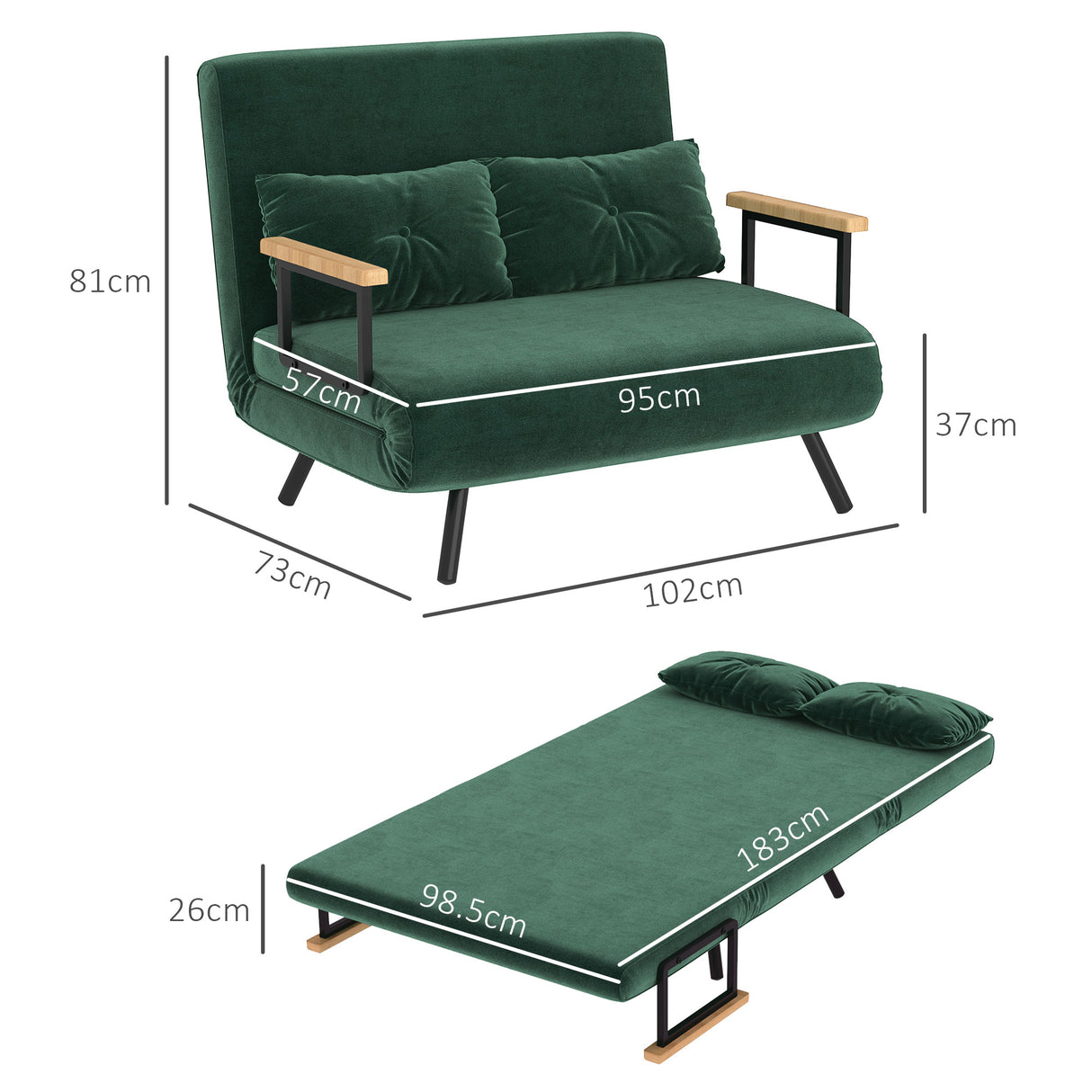 easycomfort easycomfort divano letto 3 in 1 in tessuto effetto velluto con schienale regolabile e 2 cuscini 102x73x81 cm verde