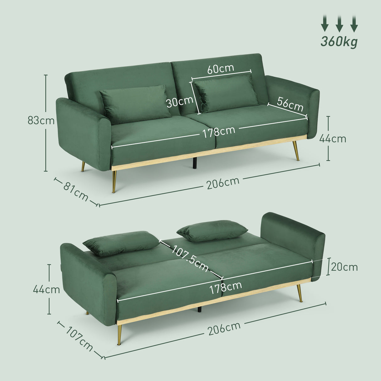 easycomfort easycomfort divano letto 3 posti con design clic clac e 2 cuscini in tessuto effetto velluto 206x81x83 cm verde