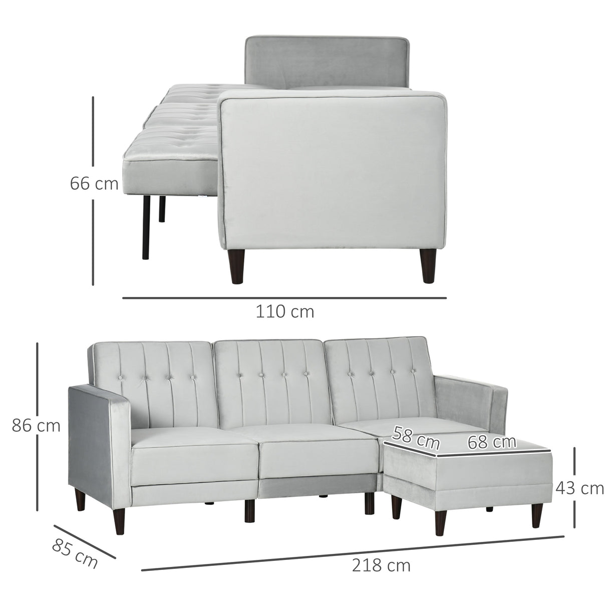 easycomfort easycomfort divano letto 3 posti con poggiapiedi e schienale reclinabile rivestimento velluto e seduta imbottita 218x85x86 cm grigio chiaro
