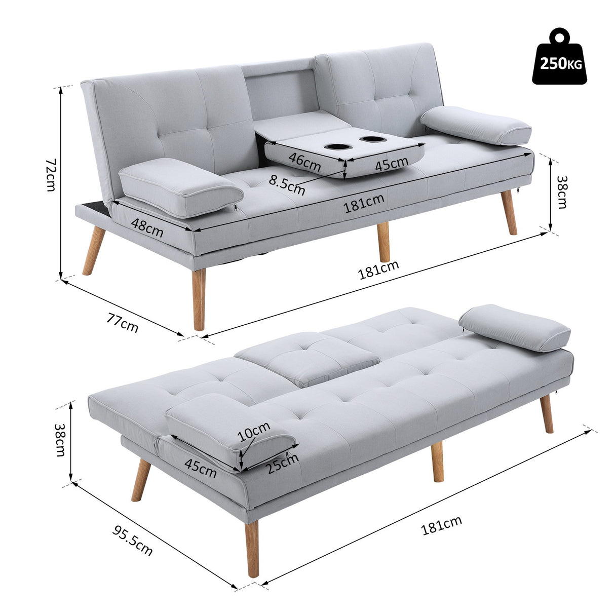 easycomfort easycomfort divano letto 3 posti stile scandinavo reclinabile con tavolino a ribalta 181x77x88 cm grigio ean 8054144132129
