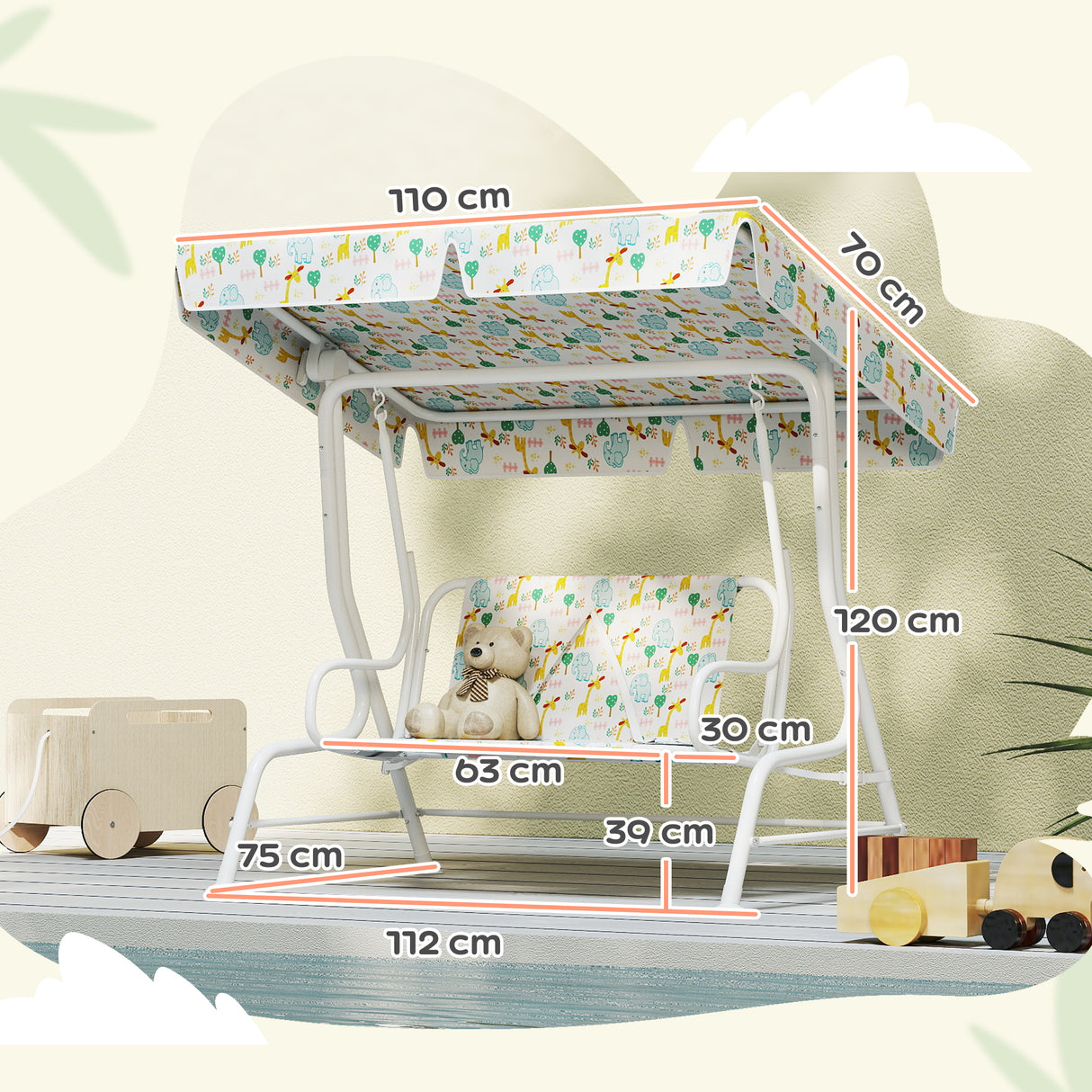 easycomfort easycomfort dondolo per bambini da esterno a 2 posti con tettuccio regolabile e cinture di sicurezza 112x75x120 cm bianco