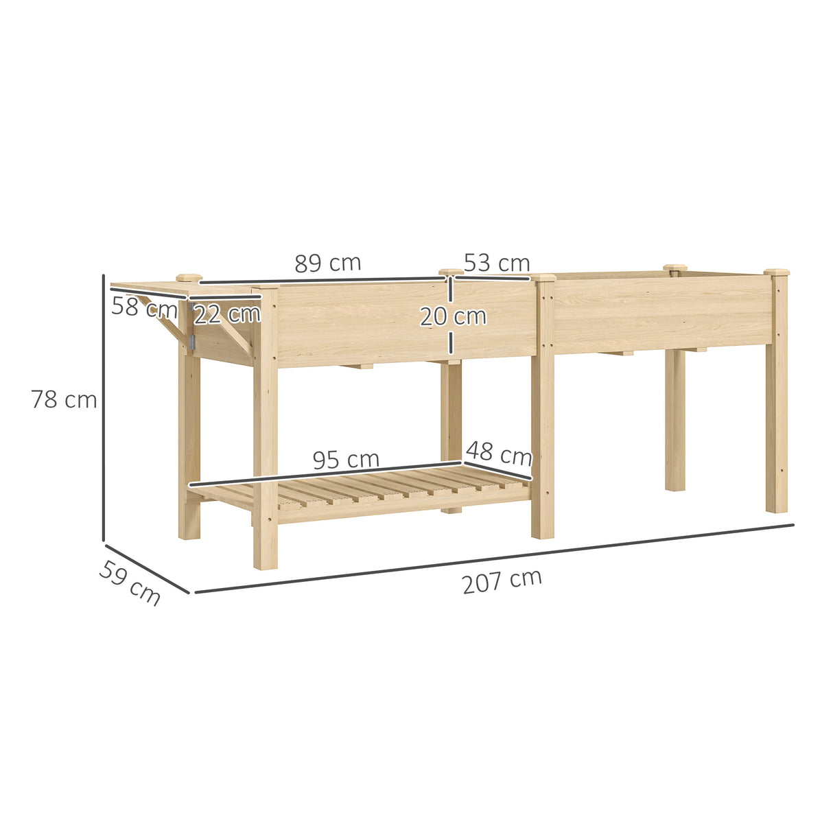 easycomfort easycomfort fioriera rialzata con tavolino laterale e ripiano porta attrezzi inferiore in legno di abete 207x59x78 cm