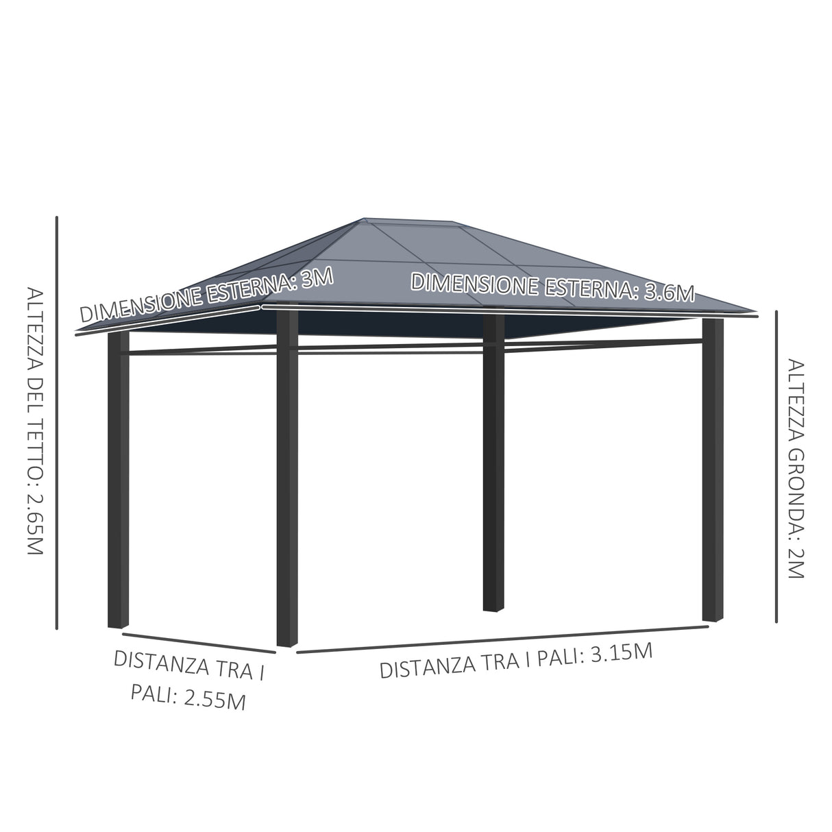 easycomfort easycomfort gazebo da giardino 3 6x3m con tetto in policarbonato anti uv e tende grigio