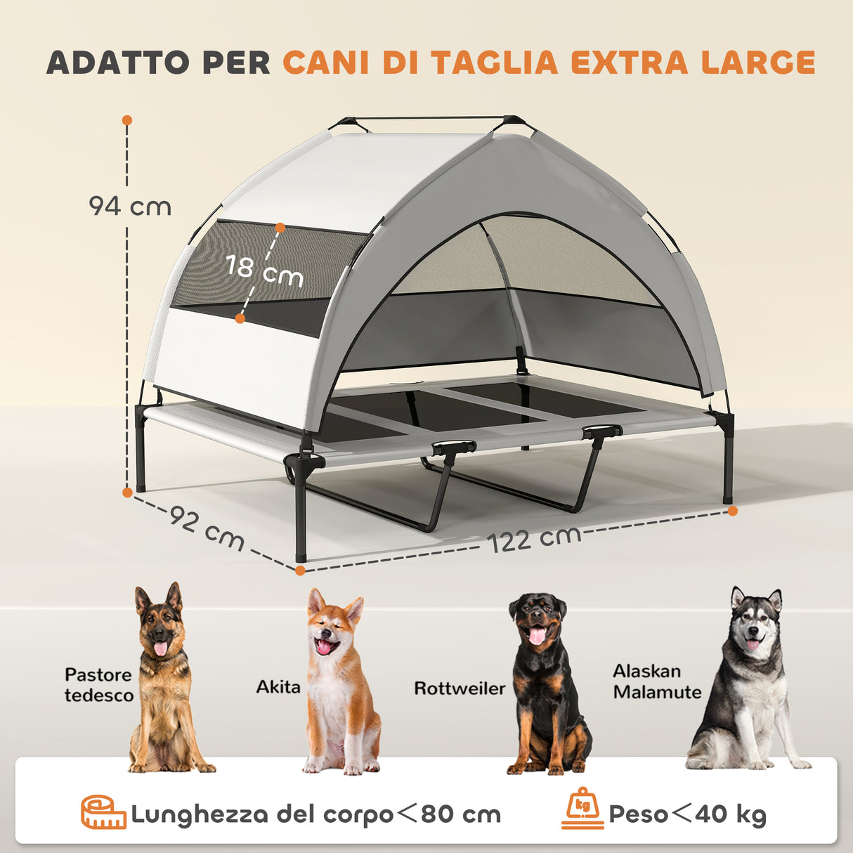 easycomfort easycomfort lettino per cani con copertura a 3 lati rimovibile in poliestere e acciaio 122x92x94 cm grigio chiaro e nero
