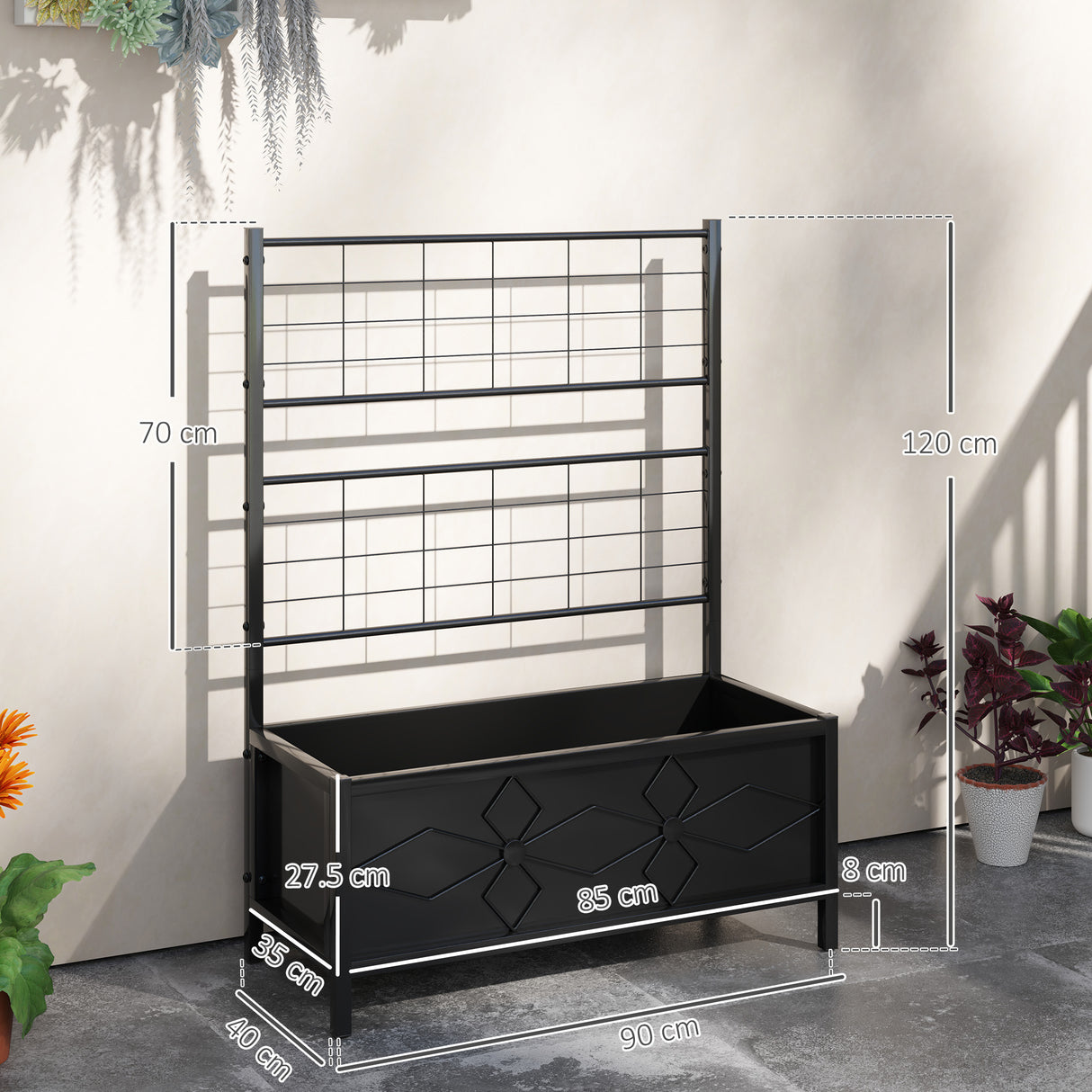 easycomfort easycomfort letto per orto rialzato con traliccio per piante rampicanti in acciaio zincato 90x40x120 cm nero