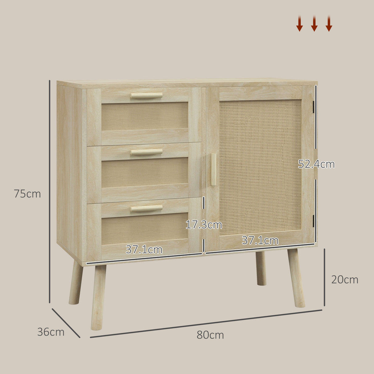 easycomfort easycomfort mobile multiuso stile boho con armadietto e 3 cassetti in legno e rattan 80x36x75cm rovere