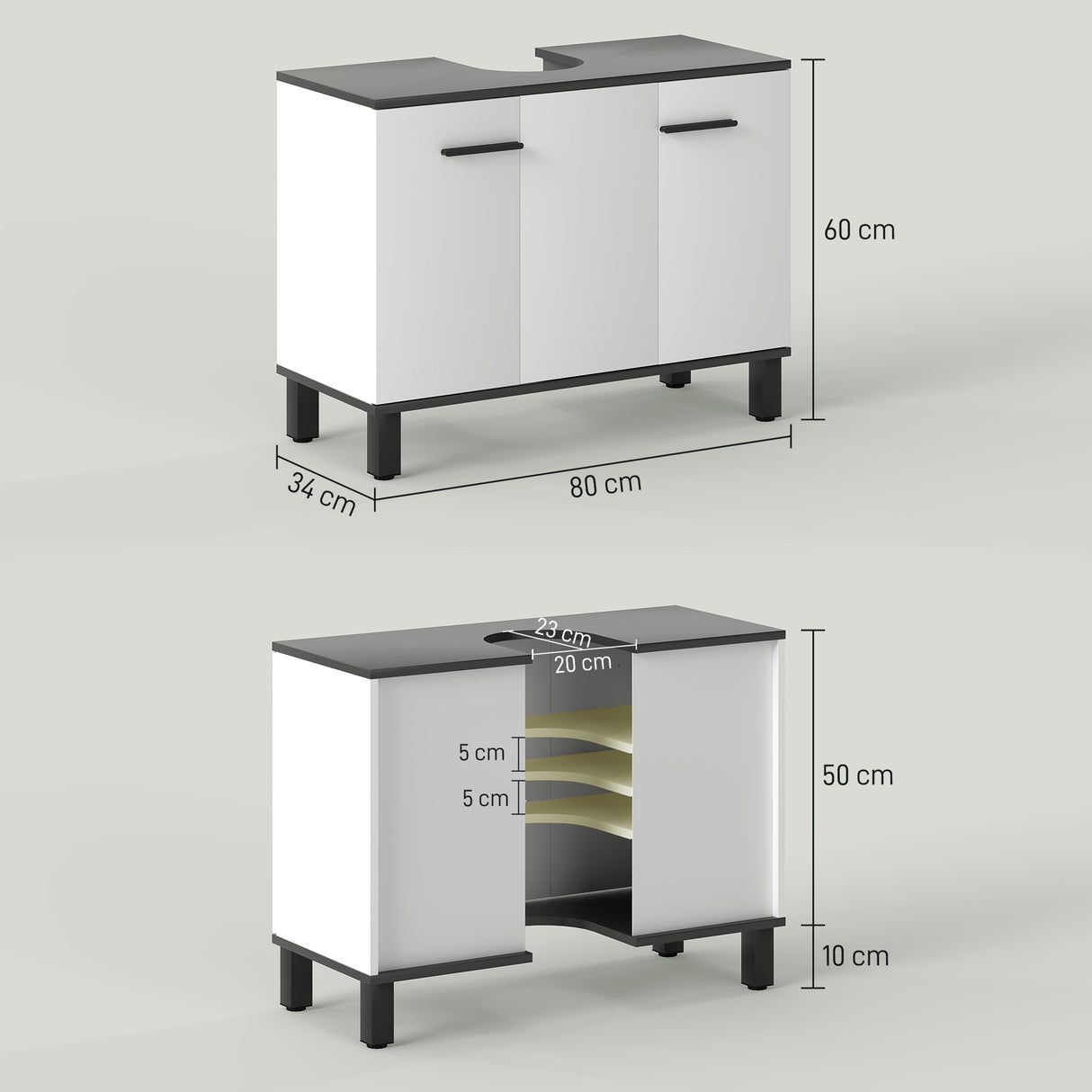 easycomfort easycomfort mobile sottolavabo bagno con armadietto 2 ante e ripiano regolabile 80x34x60 cm bianco lucido
