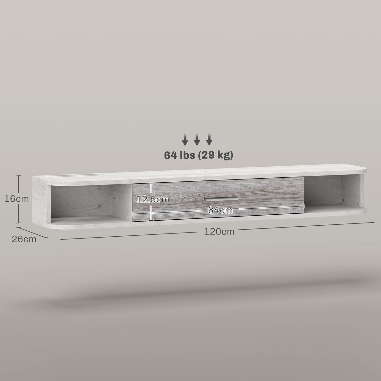 easycomfort easycomfort mobile tv sospeso in legno con 2 ripiani aperti e armadietto 120x26x16 cm bianco e grigio