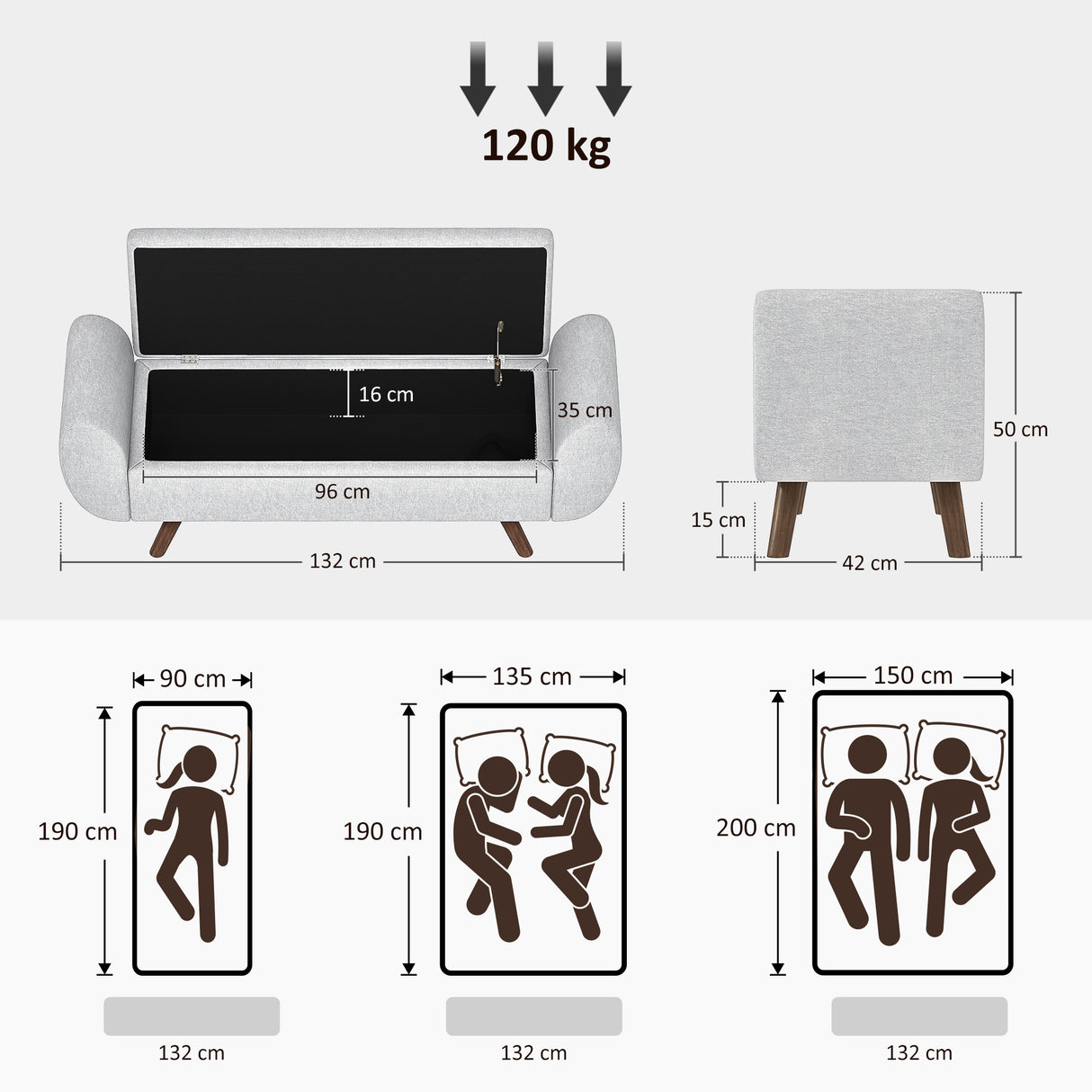 easycomfort easycomfort panca contenitore fondo letto con braccioli in tessuto gambe in legno e vano da 53 8l 132x42x50 cm grigio