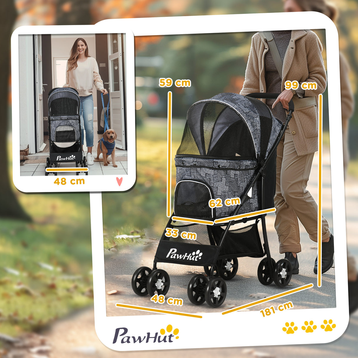 easycomfort easycomfort passeggino per cani con cesto cuscino e 2 guinzagli in acciaio e tessuto oxford 81x48x99 cm nero e grigio