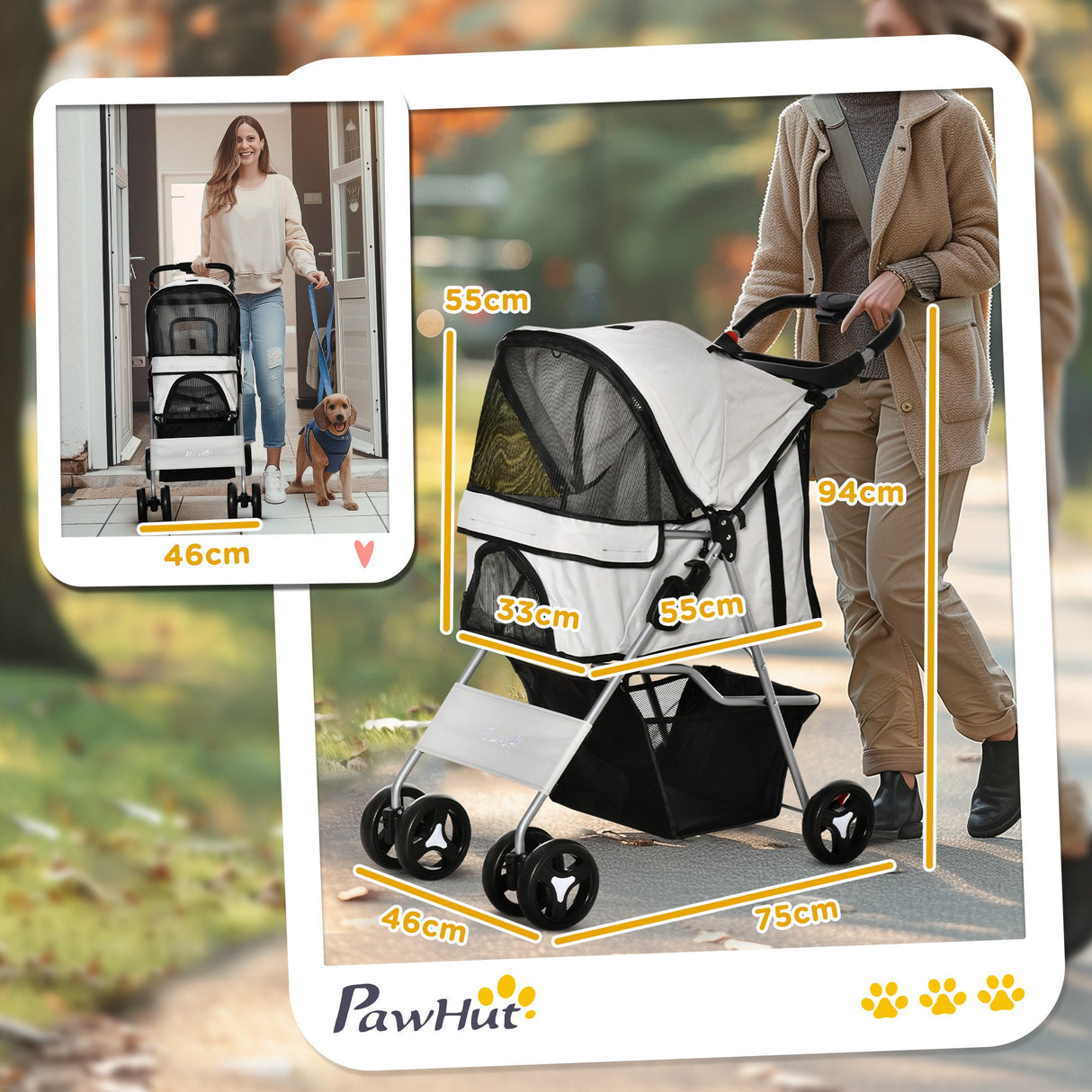 easycomfort easycomfort passeggino per cani pieghevole con 3 reti e cerniera in ferro e tessuto oxford 75x46x94 cm grigio