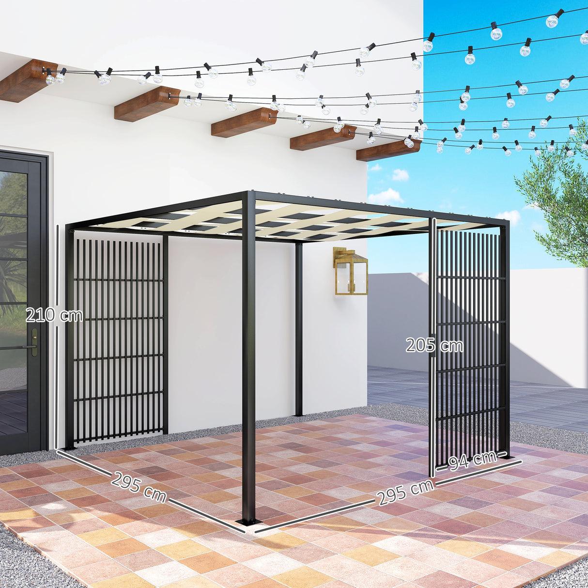 easycomfort easycomfort pergola per esterno 3x3 m con copertura ondulata e pannelli laterali in metallo e poliestere nero