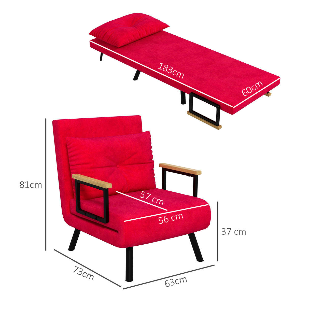 easycomfort easycomfort poltrona letto 3 in 1 con schienale reclinabile e cuscino in tessuto effetto velluto 63x73x81 cm rosso
