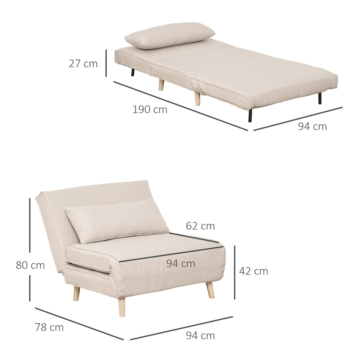 easycomfort easycomfort poltrona letto 3 in 1 con schienale reclinabile in 6 posizioni 94x78x80 cm beige