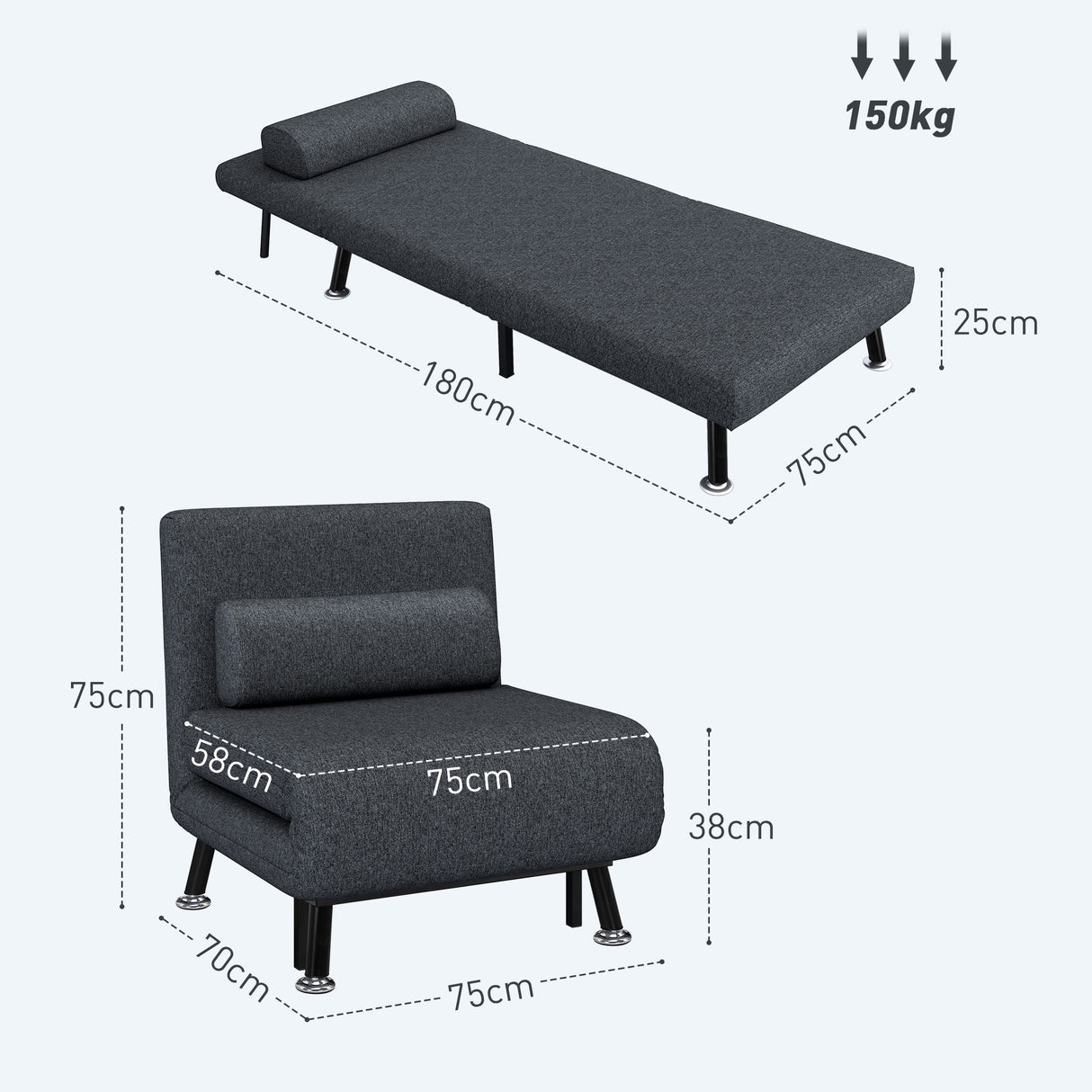 easycomfort easycomfort poltrona letto 3 in 1 con schienale regolabile e cuscino in tessuto effetto lino e acciaio grigio scuro