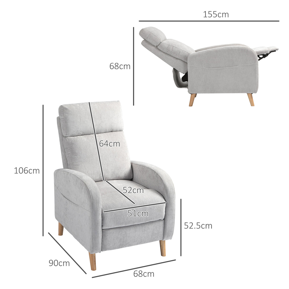 easycomfort easycomfort poltrona reclinabile 150 max con poggiapiedi in tessuto effetto lino 68x90x106 cm grigio chiaro