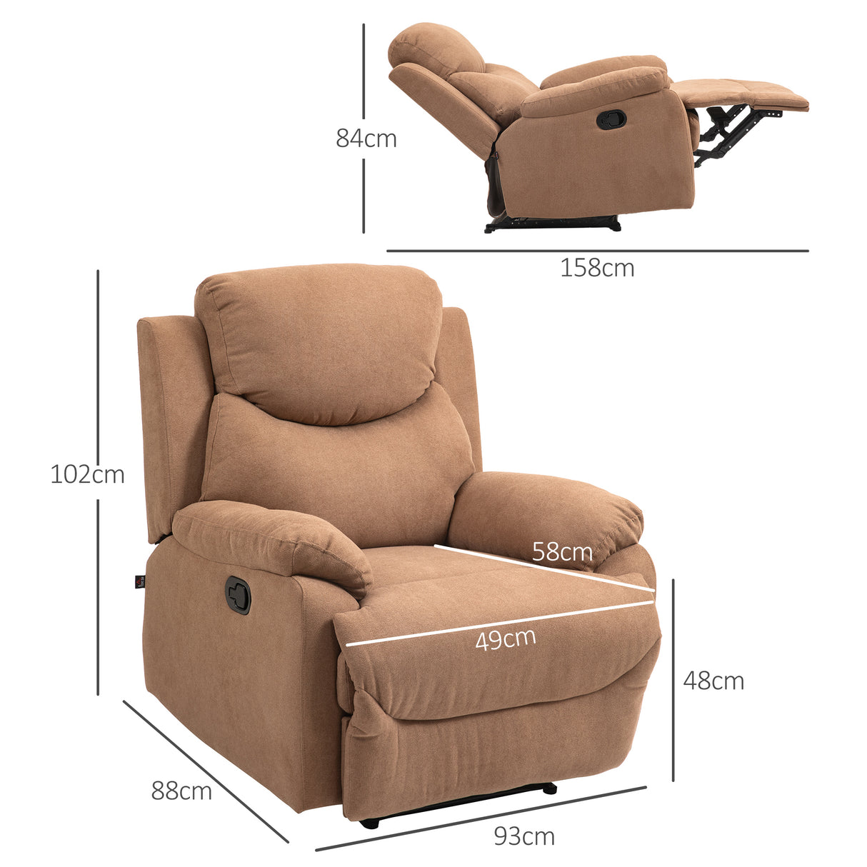 easycomfort easycomfort poltrona relax manuale reclinabile a 150 con poggiapiedi in tessuto 93x88x102cm marrone scuro