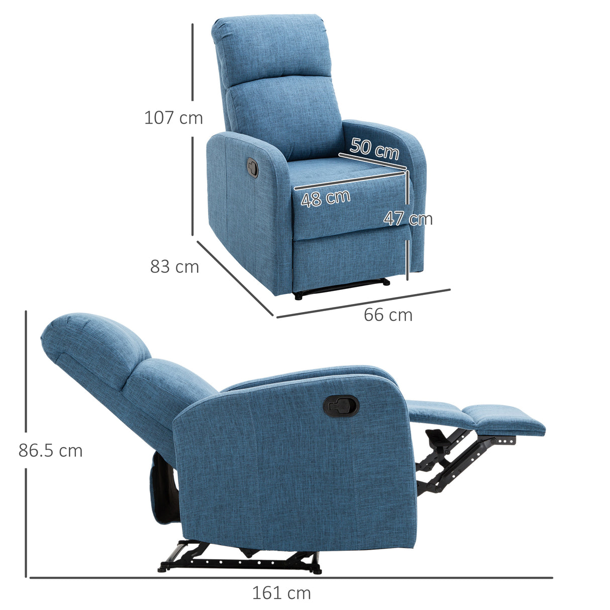 easycomfort easycomfort poltrona relax reclinabile manuale con poggiapiedi portata 125kg tessuto di lino 67 83 107cm blu ean 8055776912165
