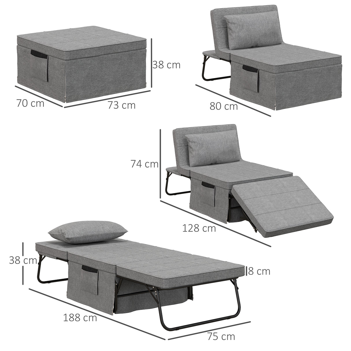 easycomfort easycomfort pouf letto pieghevole multiuso 4 in 1 con schienale reclinabile a 5 livelli grigio