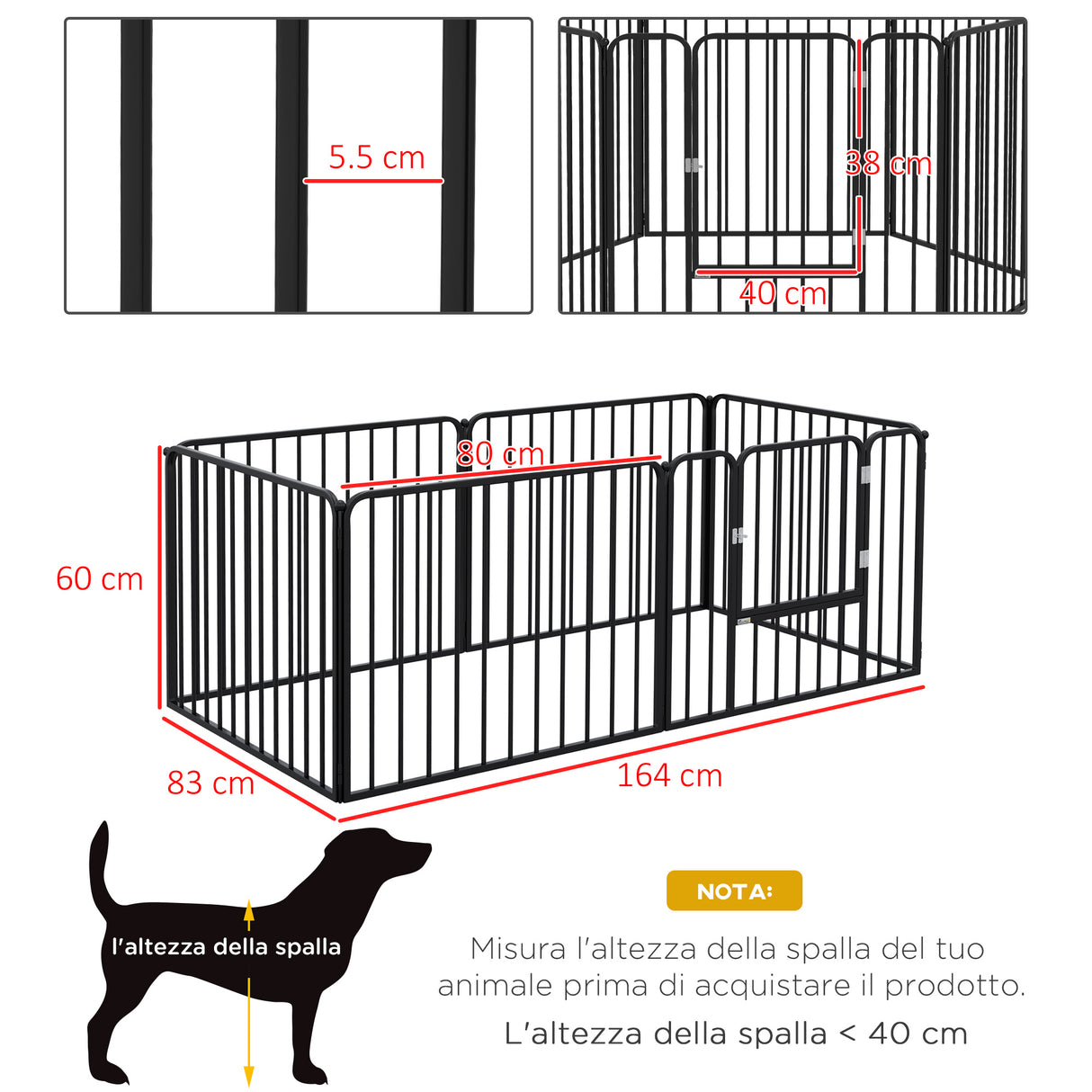 easycomfort easycomfort recinto per cani a 6 pannelli modulabili da interno ed esterno in acciaio 164x83x60 cm nero