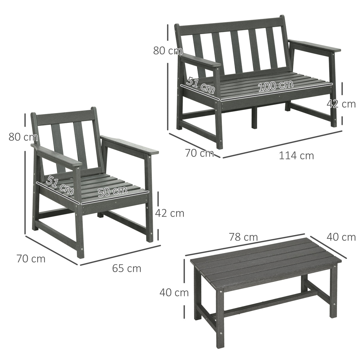 easycomfort easycomfort salotto da giardino con divanetto 2 poltrone e tavolino in hdpe con cuscini grigio scuro