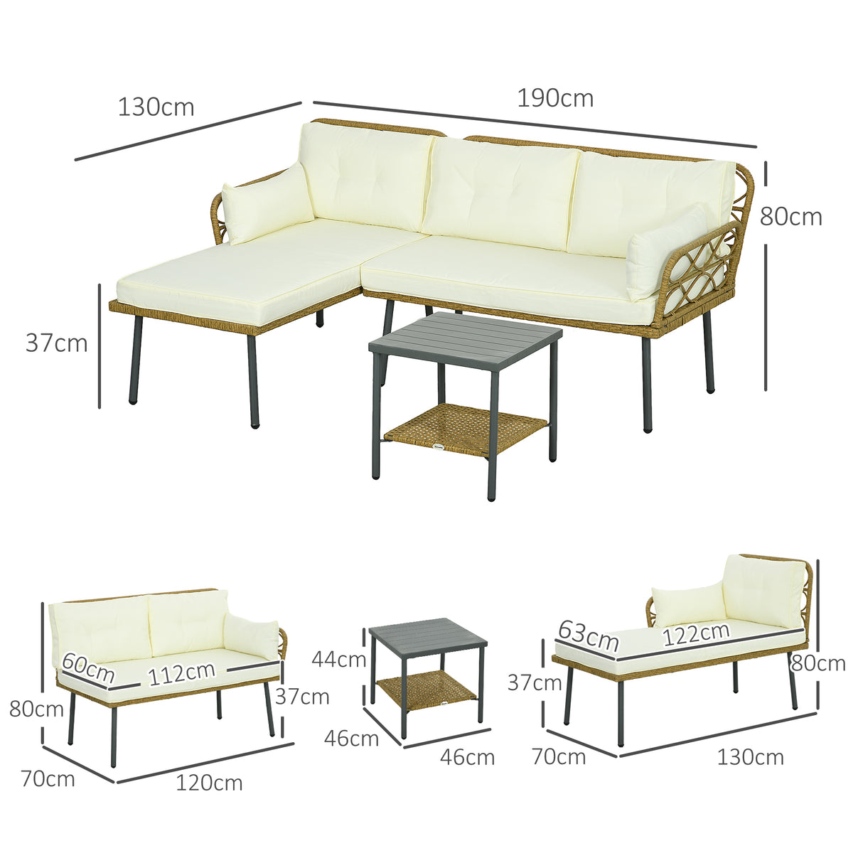 easycomfort easycomfort salotto da giardino in rattan pe con chaise longue divano 2 posti e tavolino crema