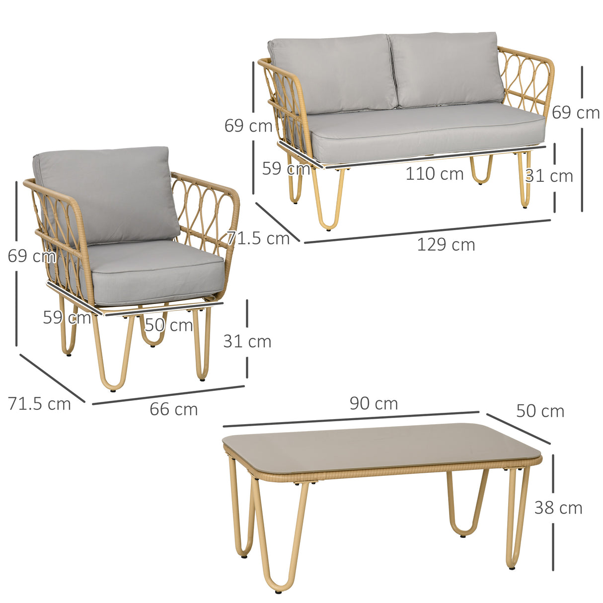 easycomfort easycomfort salotto da giardino in rattan stile boho con divano 2 posti 2 poltrone e tavolino con vetro