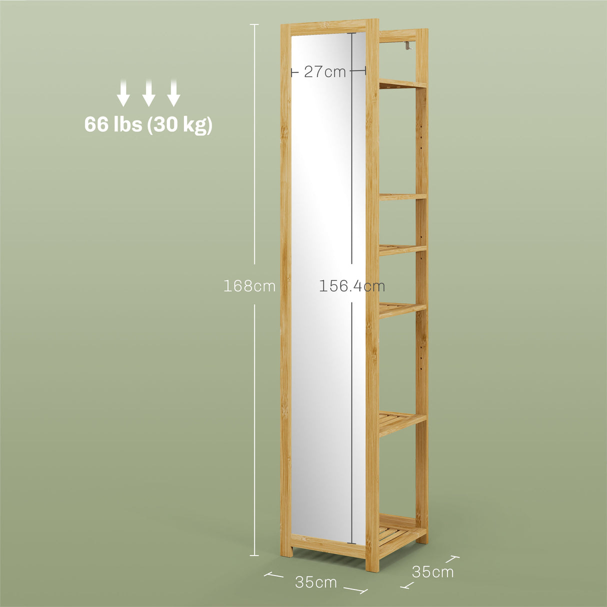 easycomfort easycomfort scaffale da bagno con specchio e 6 ripiani a doghe in bambu 35x35x168cm colore legno