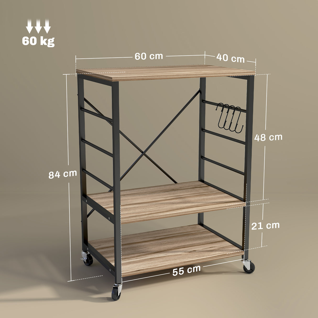 easycomfort easycomfort scaffale da cucina a 3 livelli stile industriale con ruote e 4 ganci struttura in acciaio 60x40x84 cm teak